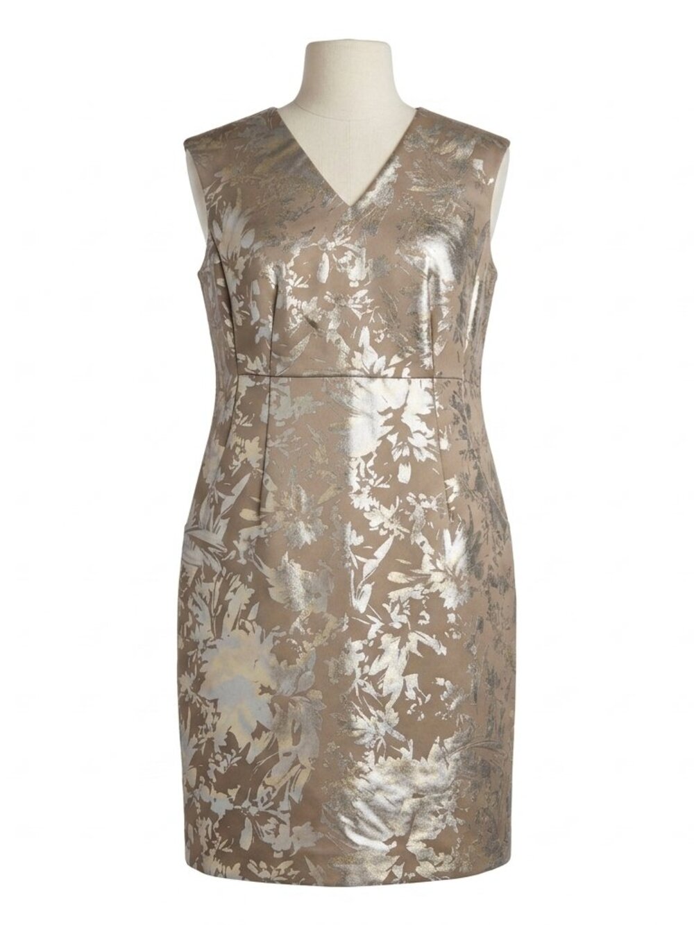 Calvin Klein Foil Floral Jacquard Sheath V-Neck Dress Silver Champagne Size 20W